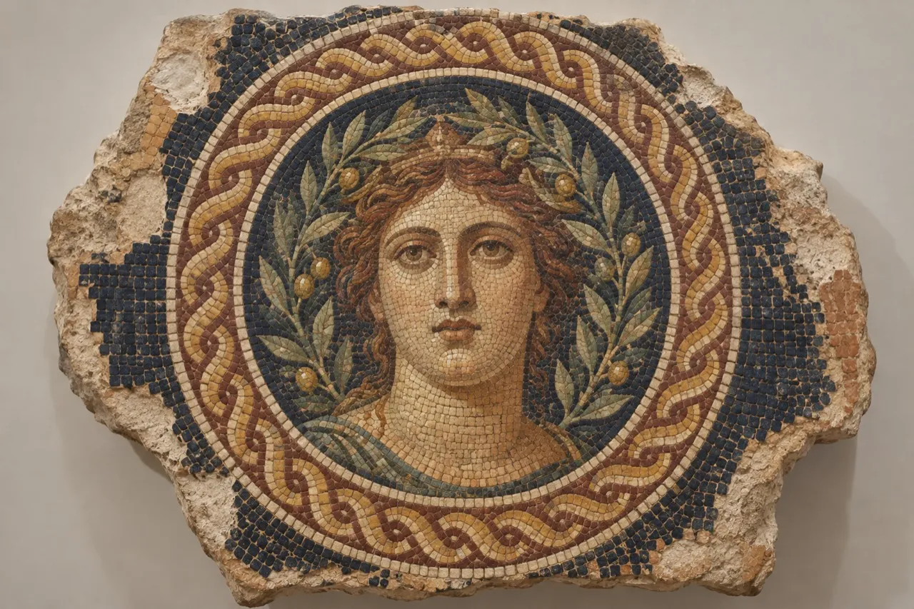 Mosaico de pedras pequenas num fragmento de pedra: o rosto de uma figura clássica coroada de folhas de oliveira, dentro de uma moldura trançada.