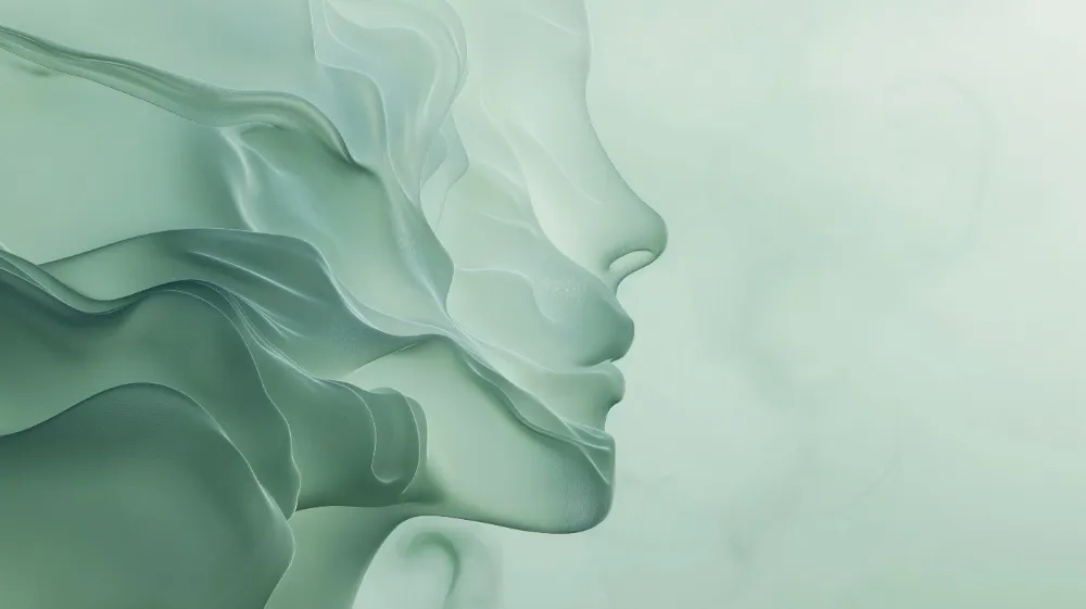 Arte digital sobre o contato com o consultório, com um rosto estilizado de perfil em camadas de tecido verde-claro.